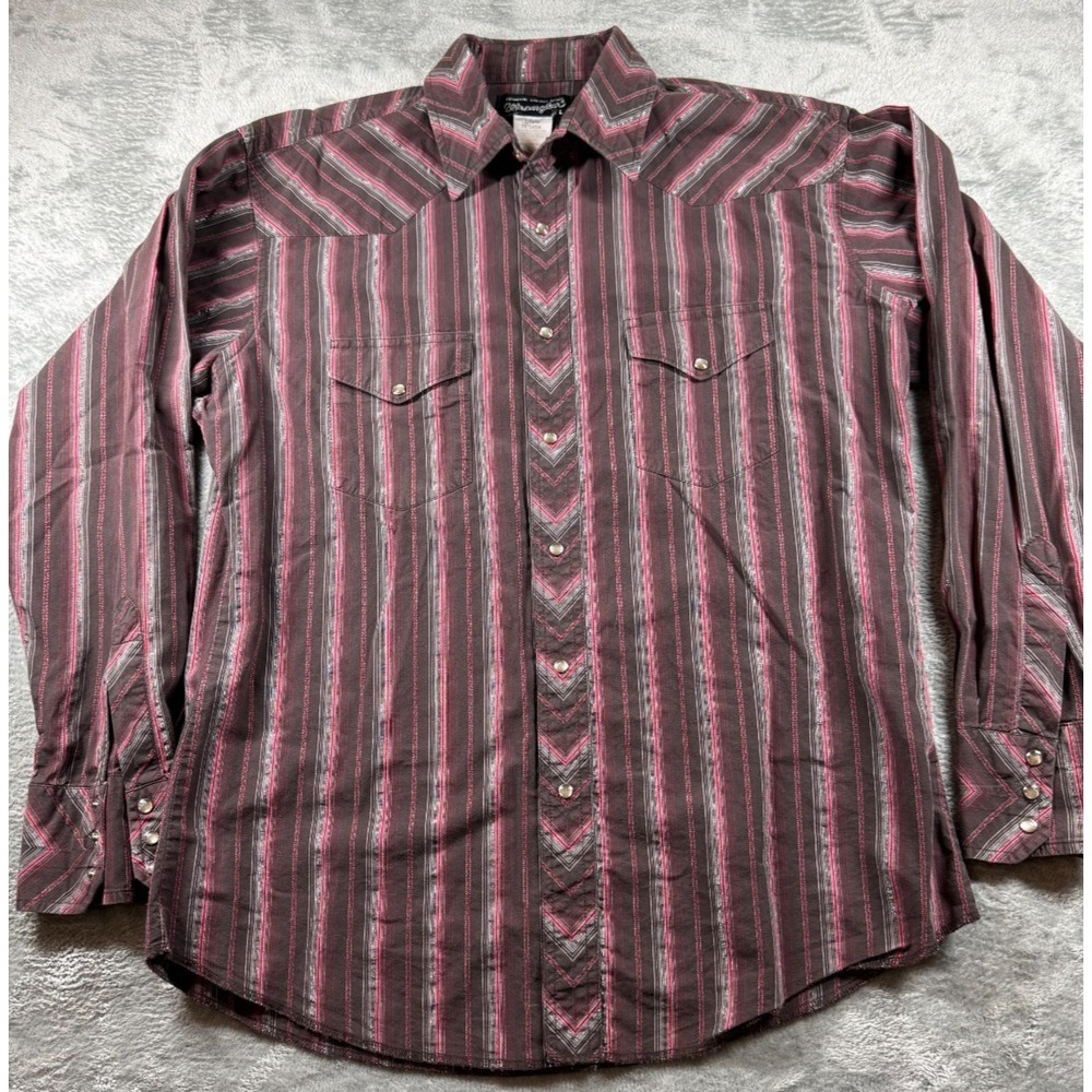 Wrangler Vtg Western Pearl Snap Shirt L Brown Pink Stripe Long Sleeve Rodeo